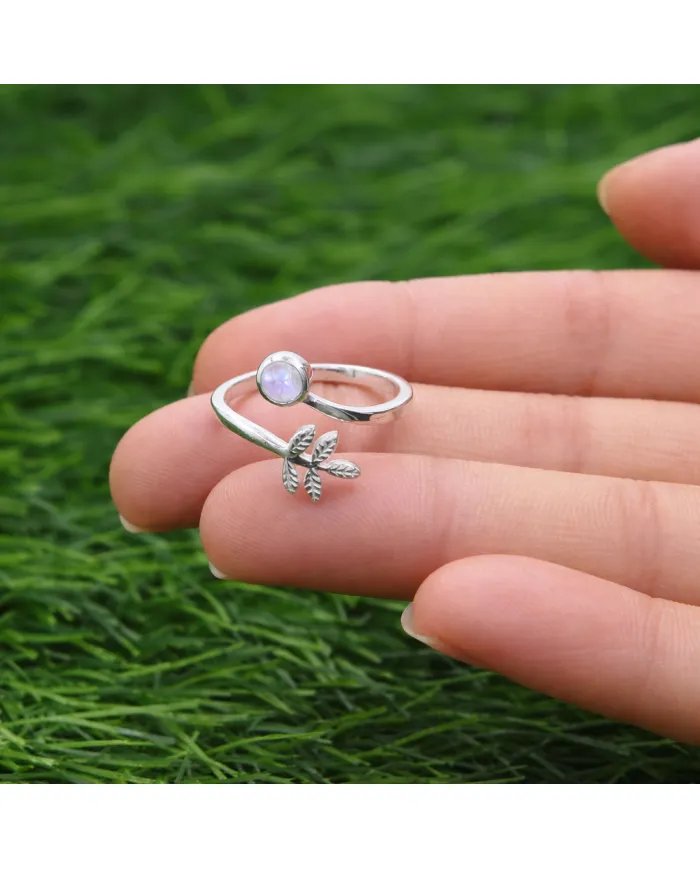 Rainbow Moonstone Open Band Ring - 925 Sterling Silver Handmade Leaf Design