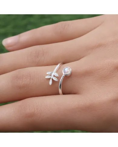 Rainbow Moonstone Open Band Ring - 925 Sterling Silver Handmade Leaf Design