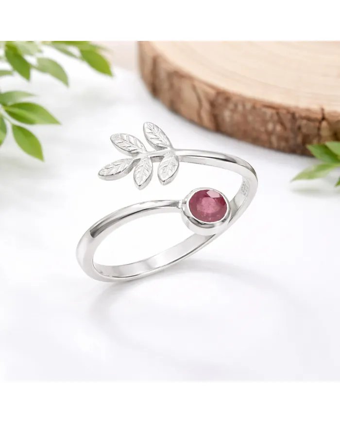 Natural Ruby Open Band Ring - 925 Sterling Silver Handmade Leaf Design