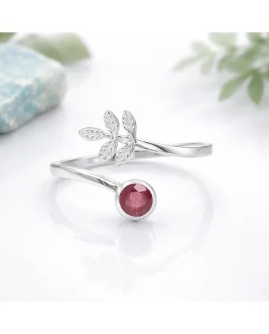 Natural Ruby Open Band Ring - 925 Sterling Silver Handmade Leaf Design