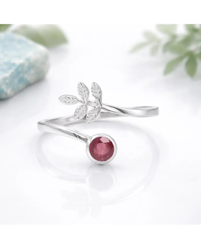 Natural Ruby Open Band Ring - 925 Sterling Silver Handmade Leaf Design