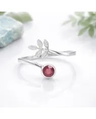 Natural Ruby Open Band Ring - 925 Sterling Silver Handmade Leaf Design