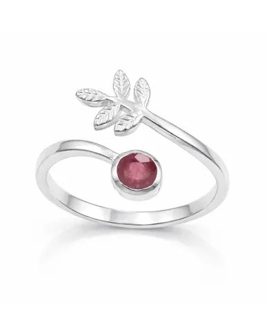 Natural Ruby Open Band Ring - 925 Sterling Silver Handmade Leaf Design