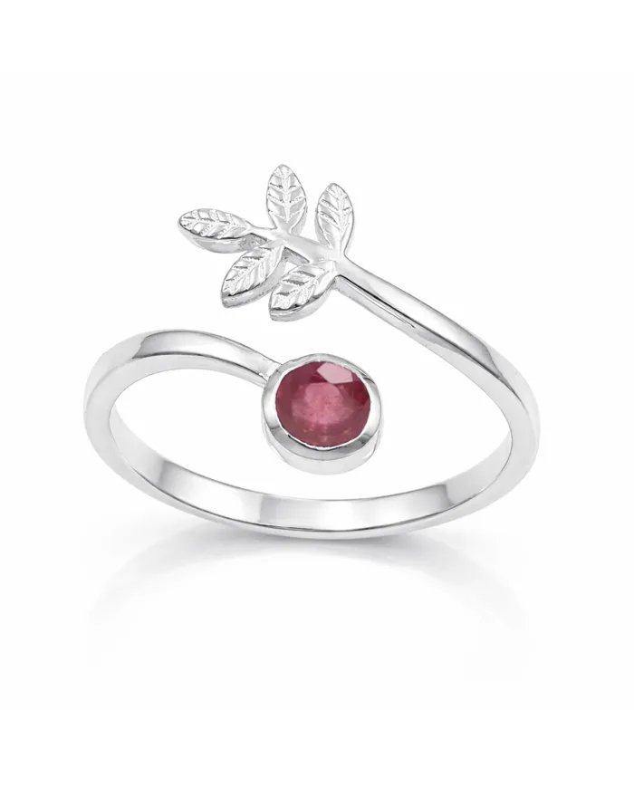 Natural Ruby Open Band Ring - 925 Sterling Silver Handmade Leaf Design