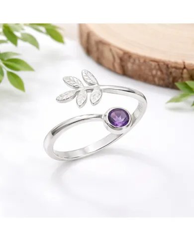 Amethyst Open Band Ring - 925 Sterling Silver Handmade Leaf Design