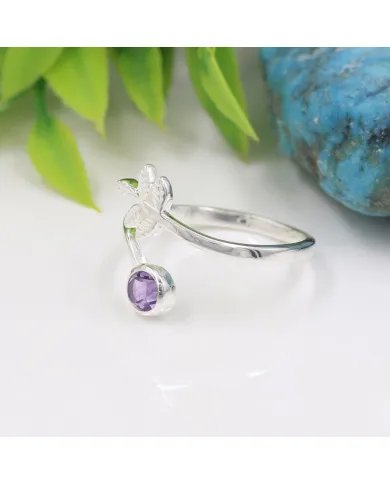 Amethyst Open Band Ring - 925 Sterling Silver Handmade Leaf Design