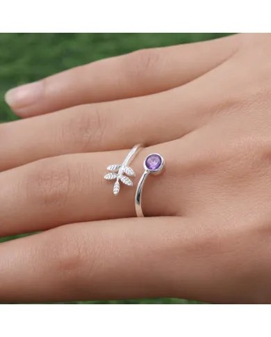 Amethyst Open Band Ring - 925 Sterling Silver Handmade Leaf Design