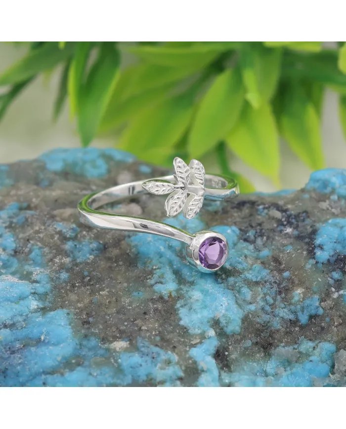 Amethyst Open Band Ring - 925 Sterling Silver Handmade Leaf Design