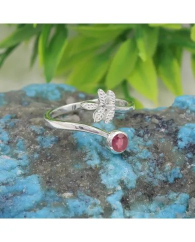 Natural Ruby Open Band Ring - 925 Sterling Silver Handmade Leaf Design
