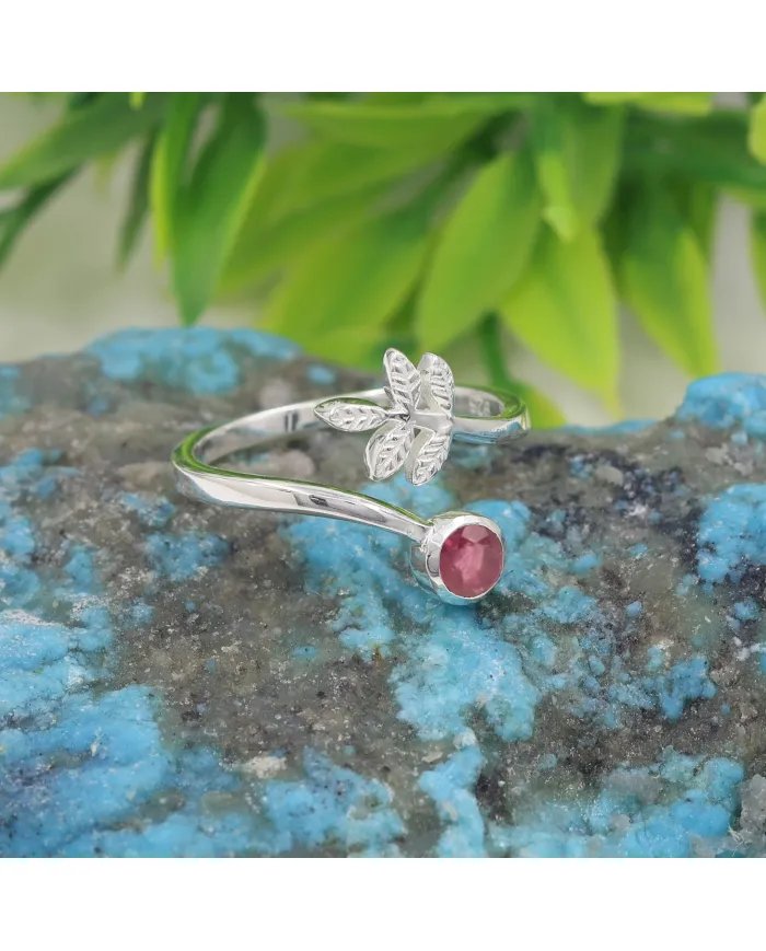 Natural Ruby Open Band Ring - 925 Sterling Silver Handmade Leaf Design