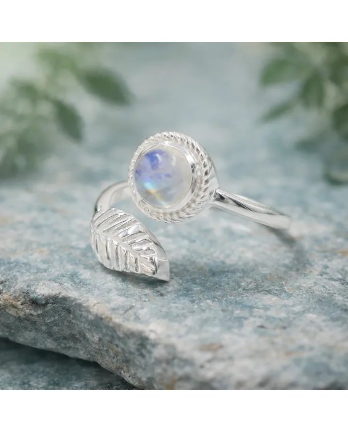 Rainbow Moonstone Leaf Ring - 925 Sterling Silver Nature-Inspired Jewelry