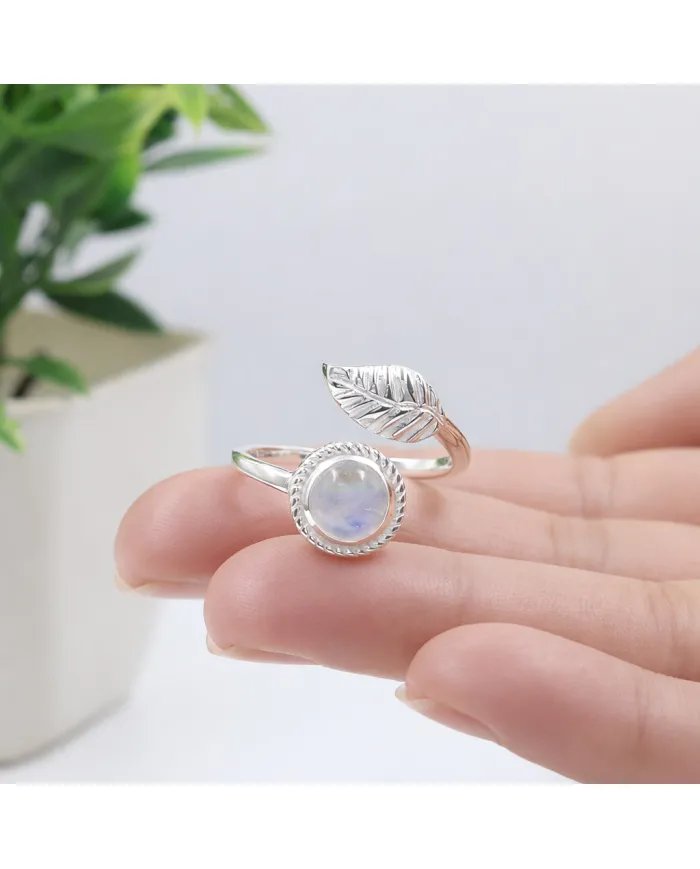 Rainbow Moonstone Leaf Ring - 925 Sterling Silver Nature-Inspired Jewelry