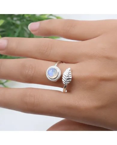 Rainbow Moonstone Leaf Ring - 925 Sterling Silver Nature-Inspired Jewelry