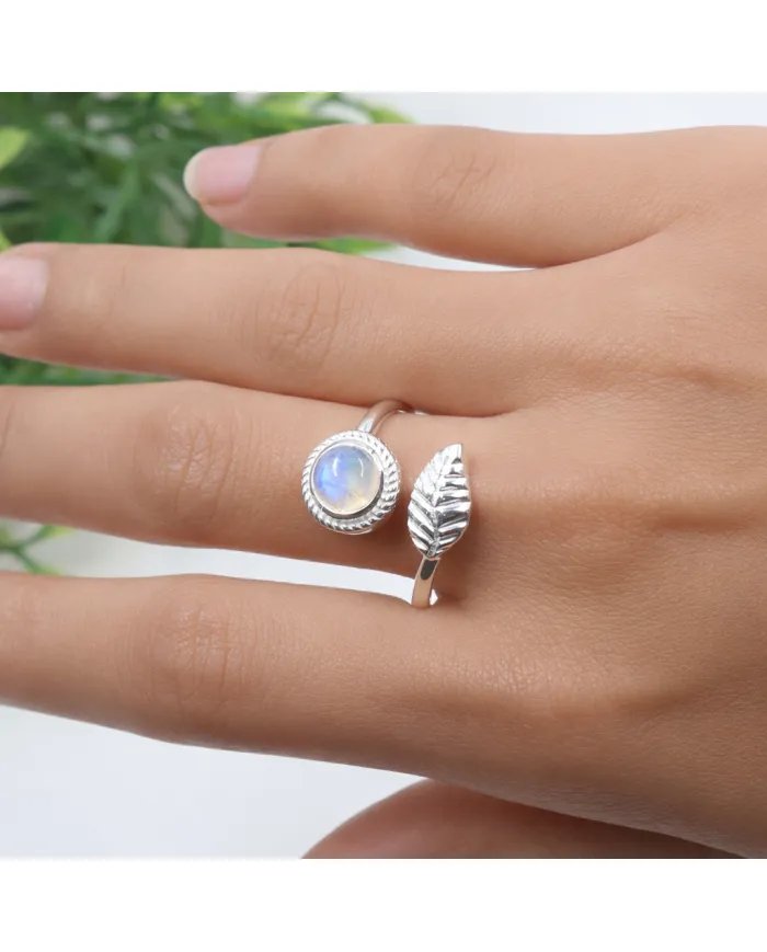 Rainbow Moonstone Leaf Ring - 925 Sterling Silver Nature-Inspired Jewelry
