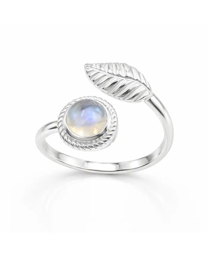 Rainbow Moonstone Leaf Ring - 925 Sterling Silver Nature-Inspired Jewelry