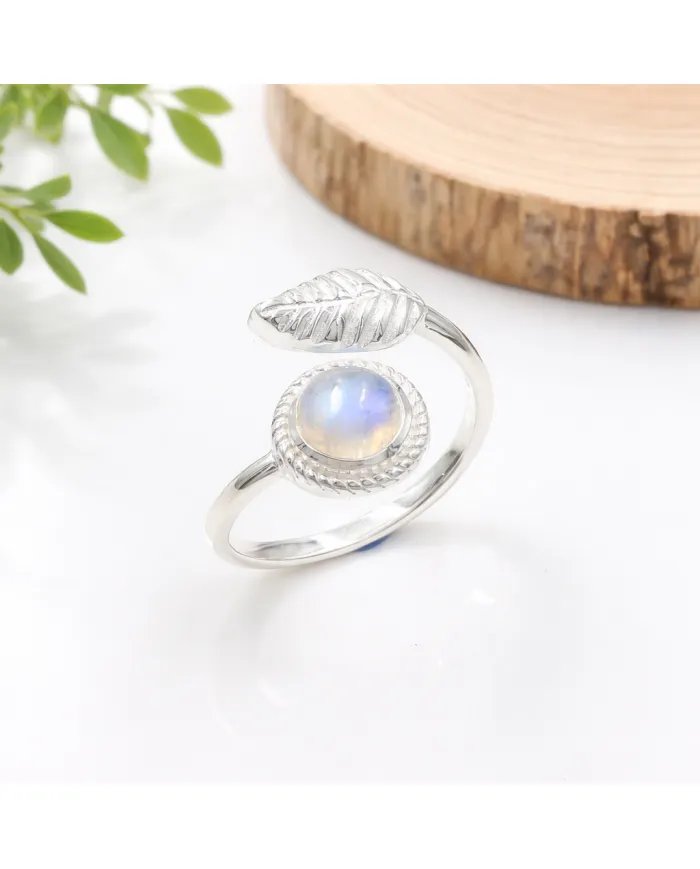 Rainbow Moonstone Leaf Ring - 925 Sterling Silver Nature-Inspired Jewelry