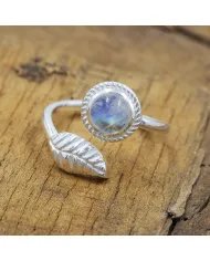 Rainbow Moonstone Leaf Ring - 925 Sterling Silver Nature-Inspired Jewelry