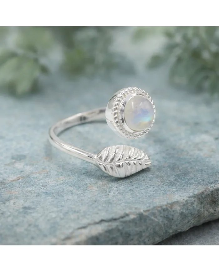 Rainbow Moonstone Leaf Ring - 925 Sterling Silver Nature-Inspired Jewelry
