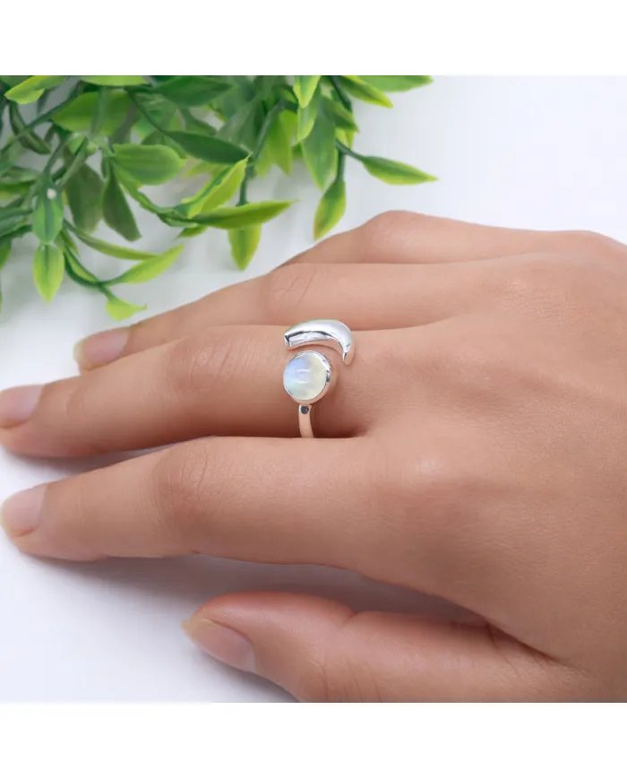 Rainbow Moonstone Crescent Moon Open Ring - 925 Sterling Silver Jewelry