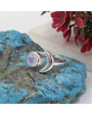 Rainbow Moonstone Crescent Moon Open Ring - 925 Sterling Silver Jewelry