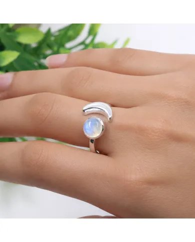 Rainbow Moonstone Crescent Moon Open Ring - 925 Sterling Silver Jewelry