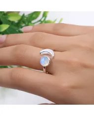 Rainbow Moonstone Crescent Moon Open Ring - 925 Sterling Silver Jewelry