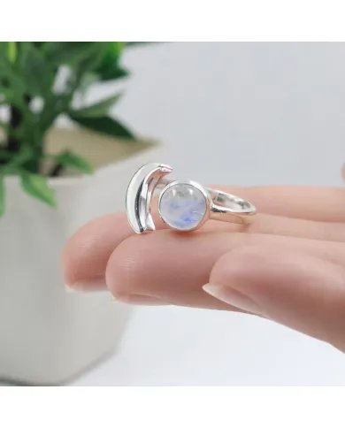 Rainbow Moonstone Crescent Moon Open Ring - 925 Sterling Silver Jewelry