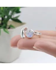 Rainbow Moonstone Crescent Moon Open Ring - 925 Sterling Silver Jewelry