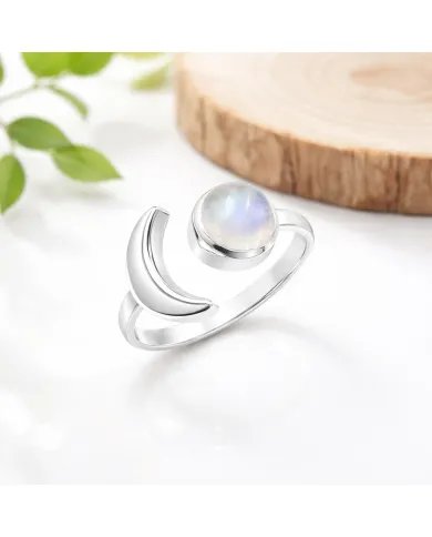 Rainbow Moonstone Crescent Moon Open Ring - 925 Sterling Silver Jewelry