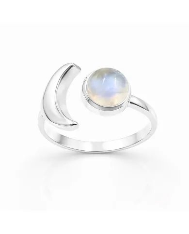 Rainbow Moonstone Crescent Moon Open Ring - 925 Sterling Silver Jewelry