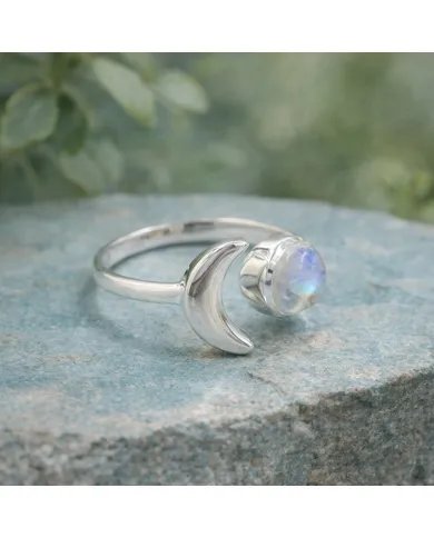 Rainbow Moonstone Crescent Moon Open Ring - 925 Sterling Silver Jewelry