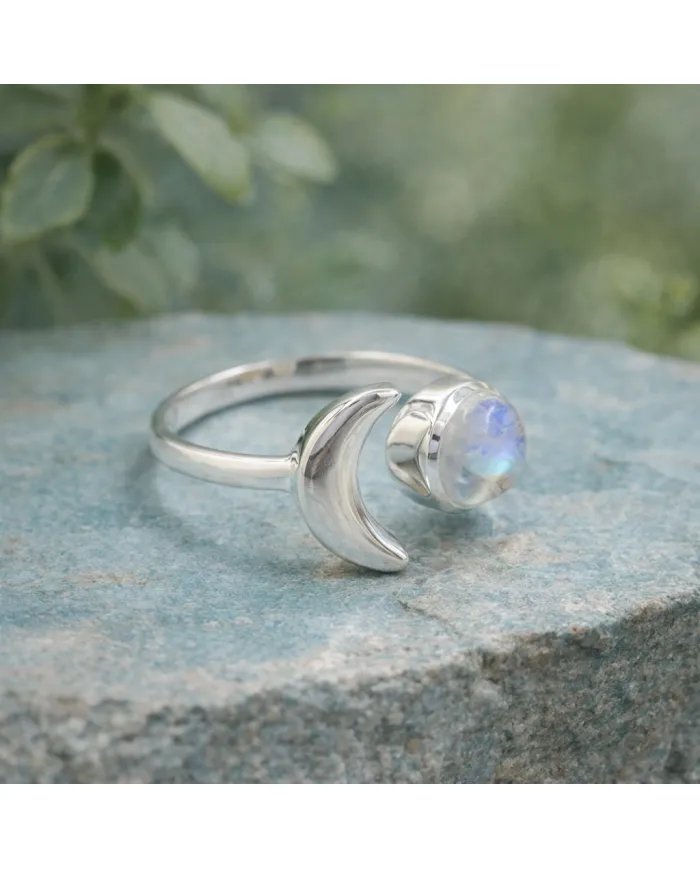 Rainbow Moonstone Crescent Moon Open Ring - 925 Sterling Silver Jewelry