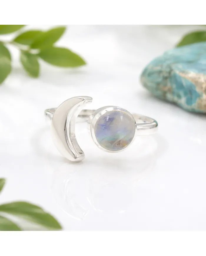 Rainbow Moonstone Crescent Moon Open Ring - 925 Sterling Silver Jewelry