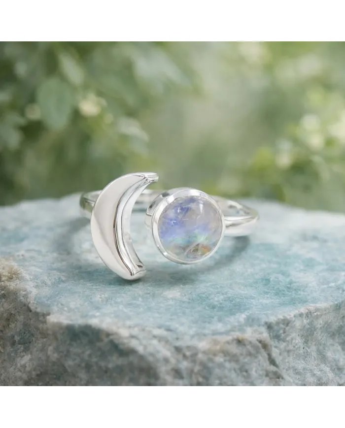 Rainbow Moonstone Crescent Moon Open Ring - 925 Sterling Silver Jewelry