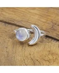 Rainbow Moonstone Crescent Moon Open Ring - 925 Sterling Silver Jewelry