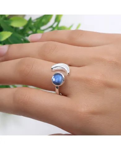 Labradorite Crescent Moon Open Ring - 925 Sterling Silver Jewelry
