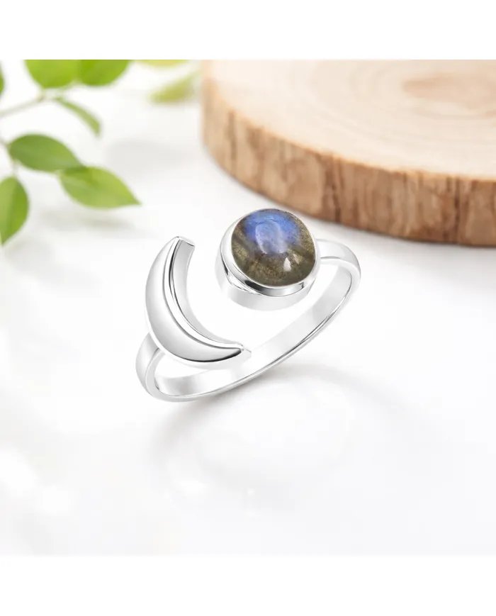 Labradorite Crescent Moon Open Ring - 925 Sterling Silver Jewelry