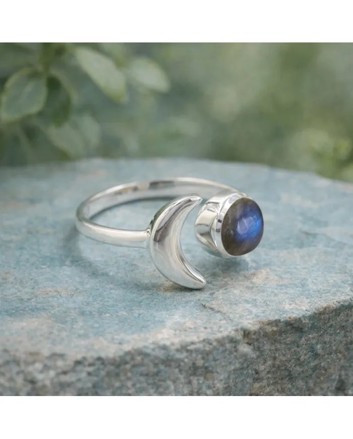 Labradorite Crescent Moon Open Ring - 925 Sterling Silver Jewelry