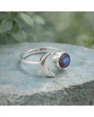 Labradorite Crescent Moon Open Ring - 925 Sterling Silver Jewelry