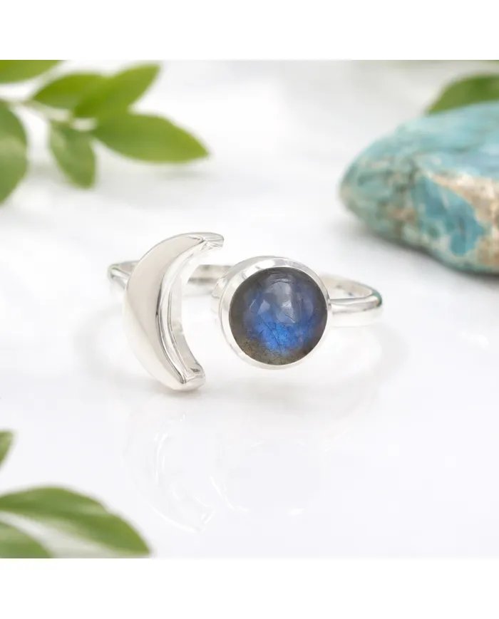 Labradorite Crescent Moon Open Ring - 925 Sterling Silver Jewelry