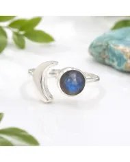 Labradorite Crescent Moon Open Ring - 925 Sterling Silver Jewelry