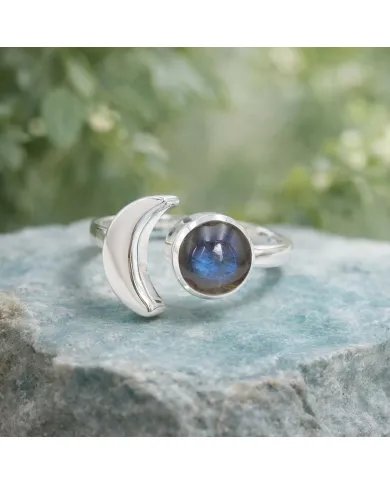Labradorite Crescent Moon Open Ring - 925 Sterling Silver Jewelry