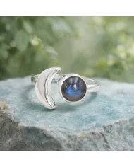 Labradorite Crescent Moon Open Ring - 925 Sterling Silver Jewelry