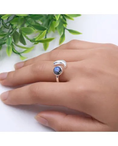 Labradorite Crescent Moon Open Ring - 925 Sterling Silver Jewelry