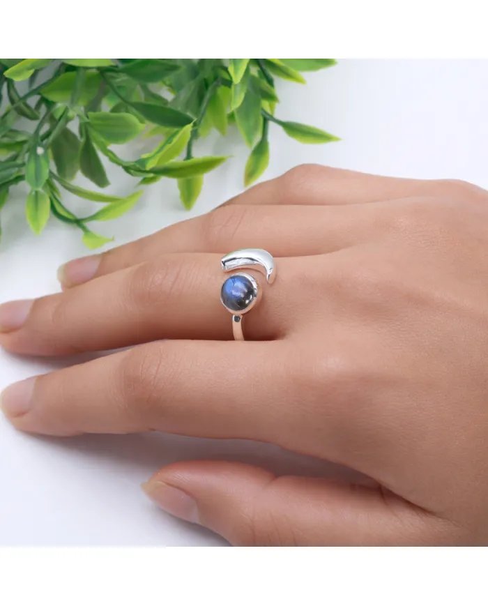Labradorite Crescent Moon Open Ring - 925 Sterling Silver Jewelry