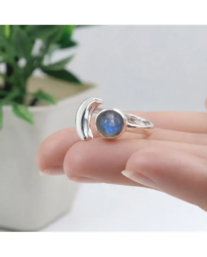 Labradorite Crescent Moon Open Ring - 925 Sterling Silver Jewelry