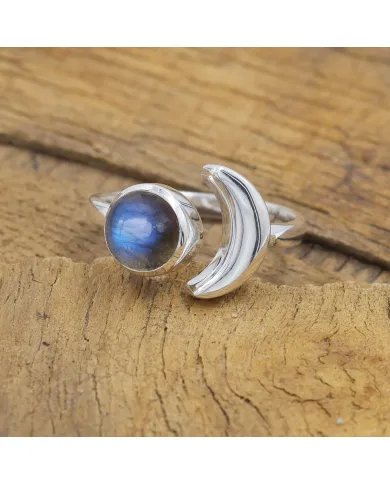 Labradorite Crescent Moon Open Ring - 925 Sterling Silver Jewelry
