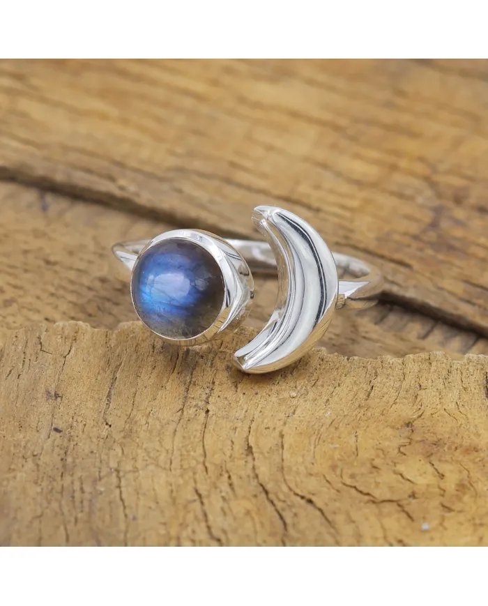 Labradorite Crescent Moon Open Ring - 925 Sterling Silver Jewelry