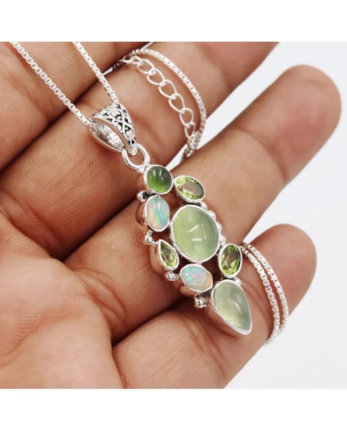 Prehnite Pendant – 925 Sterling Silver with Ethiopian Opal, Idocrase & Peridot