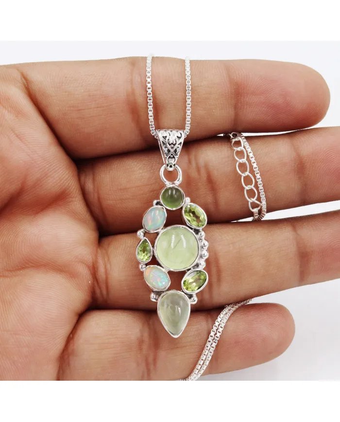 Prehnite Pendant – 925 Sterling Silver with Ethiopian Opal, Idocrase & Peridot